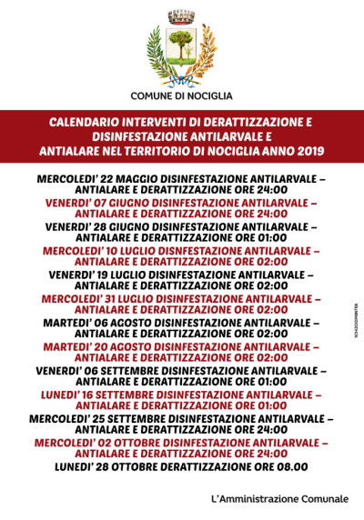 CALENDARIO INTERVENTI DI DERATTIZZAZIONE DISINFESTAZIONE ANTILARVALE E ANTIAL...